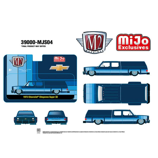 [PRE-ORDER] M2 Machines - 1:64 - 1973 Chevrolet Cheyenne Super 30 Dually w/ Camper Shell (Blue) - MiJo Exclusives Limited Edition