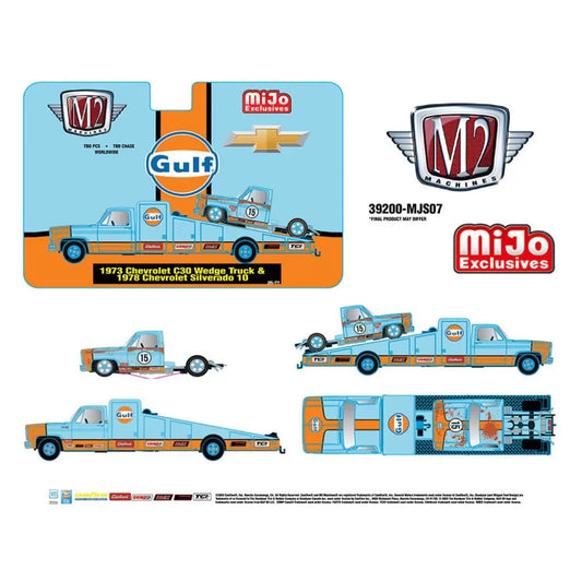 (PRE-ORDER) M2 Machines - 1:64 - Mijo Exclusives Auto-Haulers 1973 Chevrolet C30 Wedge Truck & 1978 Chevrolet Silverado 10 Bedless Gulf Livery - Blue - Limited Edition